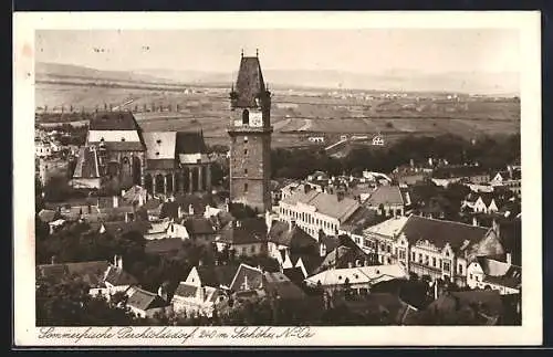 AK Perchtoldsdorf /N.-Oe., Ortsansicht mit Kirche und Uhrturm