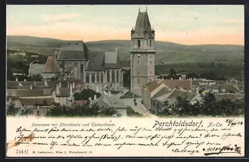 AK Perchtoldsdorf /N.-Oe., Panorama mit Pfarrkirche und Türkenthurm