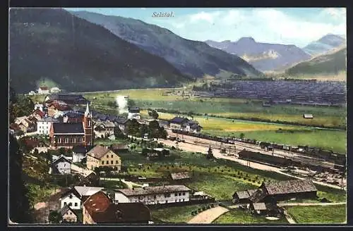 AK Selztal, Gesamtansicht mit Bahnhof gegen die Berge