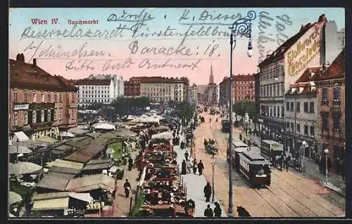 AK Wien, Albrechtsplatz, Blick über den Naschmarkt mit Ständen und Strassenbahn