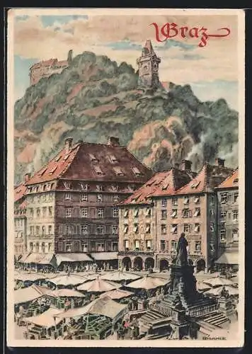 Künstler-AK Graz, Marktplatz mit Blick zum Uhrturm