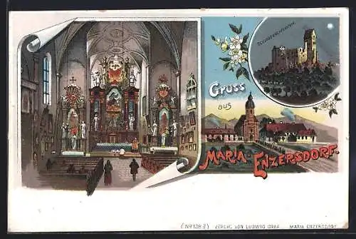 Lithographie Maria Enzersdorf, Schloss Liechtenstein, Kircheninneres und Kirche