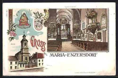 Lithographie Maria-Enzersdorf, Inneres der Kirche, Heiligenbild über der Kirche