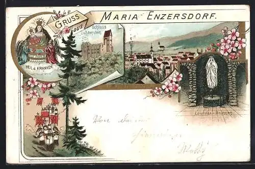 Lithographie Maria Enzersdorf, Heil d. Kranken, Prozession, Lourdes-Brunnen, Schloss Lichtenstein