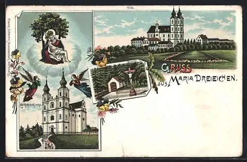 Lithographie Rosenburg-Mold, Maria Dreieichen, Wallfahrts-Kirche, Gnadenbild, Bründl, Engel