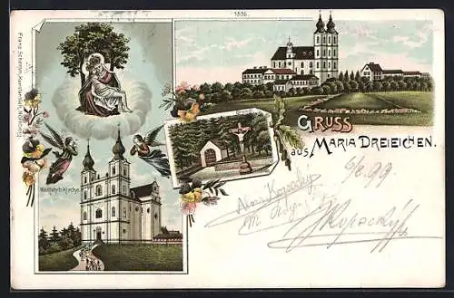 Lithographie Rosenburg-Mold, Maria Dreieichen, Wallfahrts-Kirche, Gnadenbild, Bründl, Engel