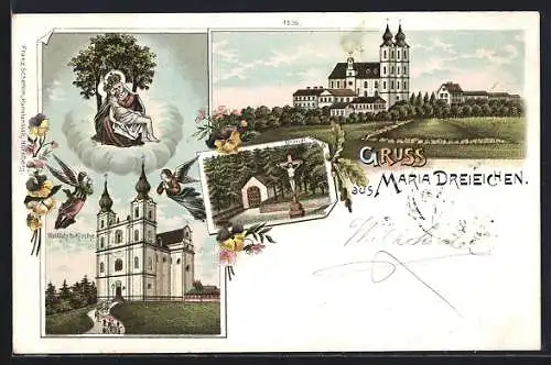 Lithographie Rosenburg-Mold, Maria Dreieichen, Wallfahrts-Kirche, Gnadenbild, Bründl, Engel