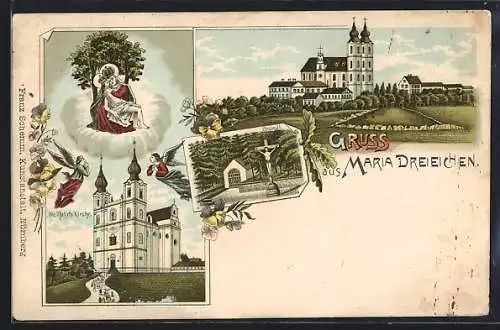 Lithographie Rosenburg-Mold, Maria Dreieichen, Wallfahrts-Kirche, Gnadenbild, Bründl, Engel