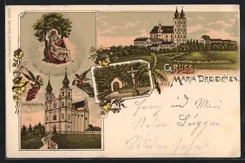 Lithographie Rosenburg-Mold, Maria Dreieichen, Wallfahrts-Kirche, Gnadenbild, Bründl, Engel