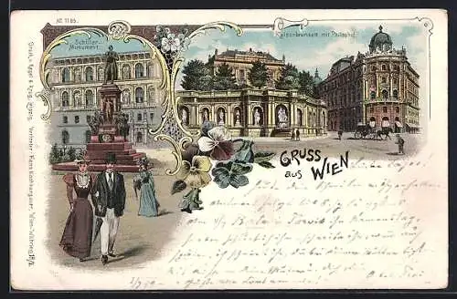 Lithographie Wien, Kaiserbrunnen mit Philipphof, Schillermonument