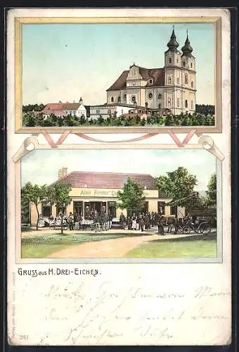 Lithographie Rosenburg-Mold, Maria Drei-Eichen, Alois Förster`s Café, die Wallfahrtskirche