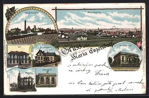 Lithographie Maria-Enzersdorf, Ortsansicht m. Frabrik Riemerschmid u. Villa Steirerland