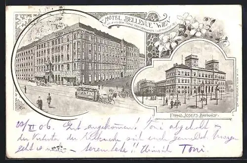 Lithographie Wien, Pferdebahn am Hotel Bellevue, Franz Josef's Bahnhof