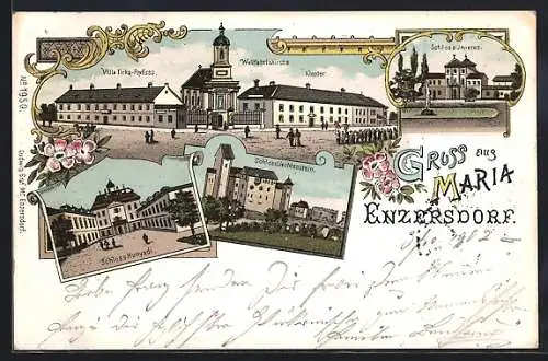 Lithographie Maria Enzersdorf, Schloss Hunyadi, Schlosslichtenstein, Villa Tirka Peyfuss