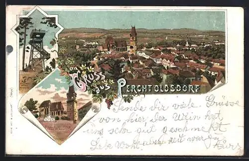 Lithographie Perchtoldsdorf, Josefswarte auf dem Föhrenberg, Kirche, Thurm und Mariensäule auf dem Marktplatz