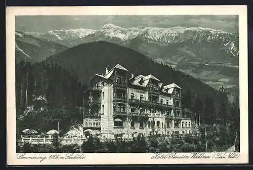 AK Semmering, Hotel Pension Wallner, im Hintergrund die Berge