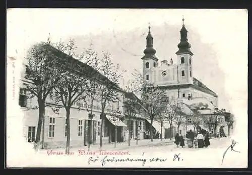 AK Maria Lanzendorf, Strassenpartie mit Gasthaus und Kirche