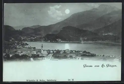 Mondschein-AK St. Gilgen, Ortsansicht mit See und Bergen