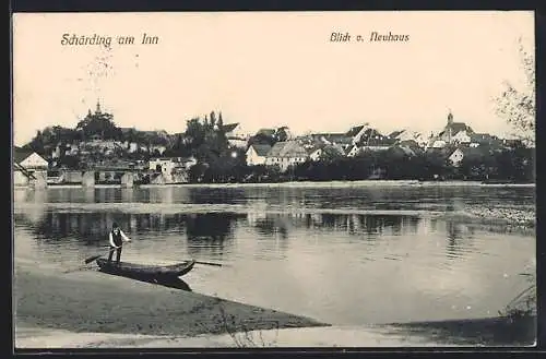 AK Schärding am Inn, Blick vom Neuhaus, Kanufahrer am Ufer