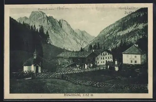 AK Weissbach bei Lofer, Hirschbichl mit Kirche, dahinter die Berge