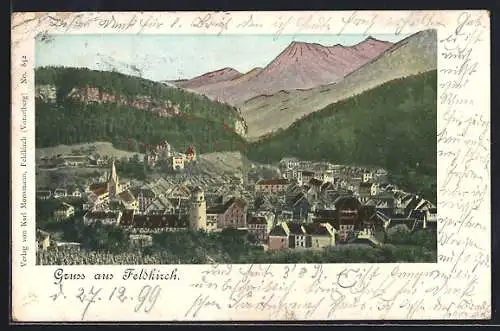 Goldfenster-AK Feldkirch, Ortsansicht, Häuser mit leuchtenden Fenstern