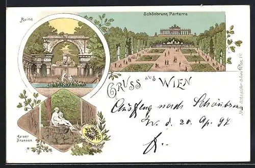 Lithographie Wien-Schönbrunn, Parterre, Ruine, Kaiser Brunnen, Wappen