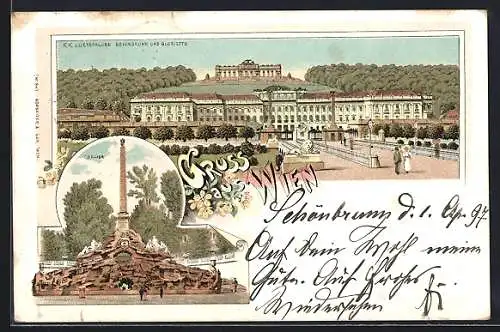 Lithographie Wien XIII, K.K. Lustschloss Schönbrunn Gloriette, der Obelisk