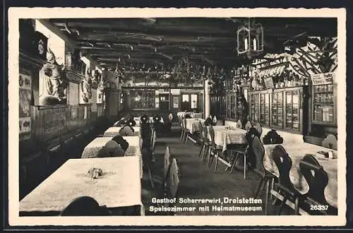 AK Dreistätten, Gasthof Scherrerwirt, Speisezimmer mit Heimatmuseum