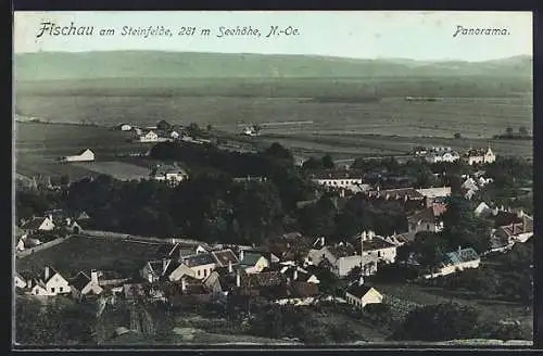 AK Fischau am Steinfelde, Panoramablick auf den Ort und ins Land