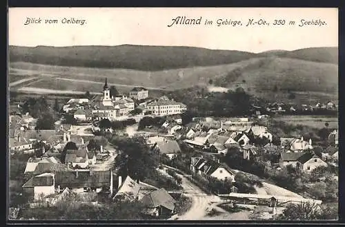 AK Alland, Blick vom Oelberg über den Ort, Kirche