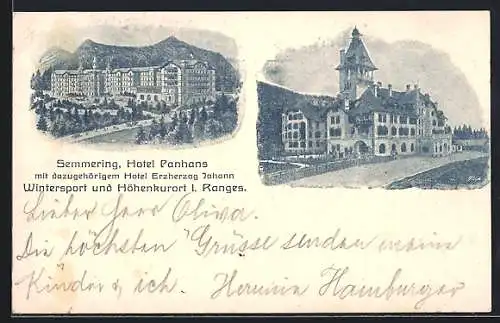 AK Semmering, Hotel Panhans mit dazugehörigem Hotel Erzherzog Johann