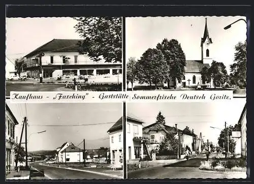 AK Deutsch Goritz, Kaufhaus Fasching-Gaststätte, Strassenpartien, Kirche