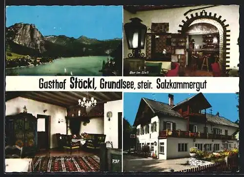 AK Grundlsee /Steirisches Salzkammergut, Gasthof Stöckl, Ortsansicht mit See u. Bergen