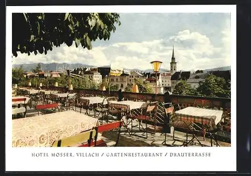 AK Villach /Kärnten, Hotel Mosser, Drauterrasse mit Ortsblick