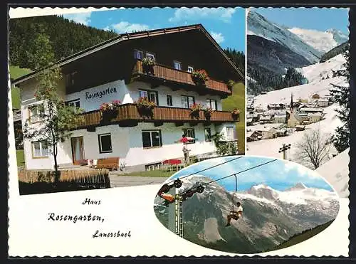 AK Lanersbach /Zillertal, Hotel Haus Rosengarten, Teilansicht im Schnee, Seilbahn