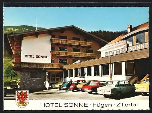 AK Fügen /Zillertal, Hotel Sonne Fam. Mauracher, Wappen