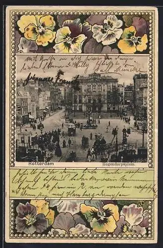 Lithographie Rotterdam, Hogendorpsplein, florales Jugendstil-Passepartout