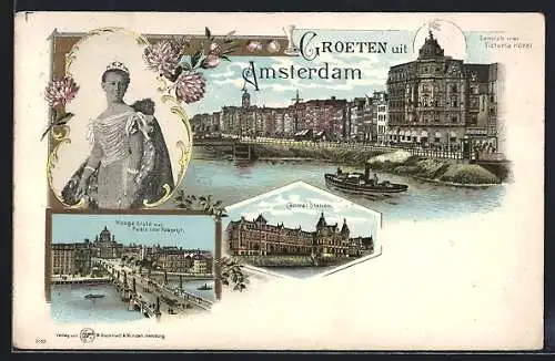 Lithographie Amsterdam, Central Station, Damrak mit Victoria Hotel, Hooge Sluis met Paleis voor Volksvlyt