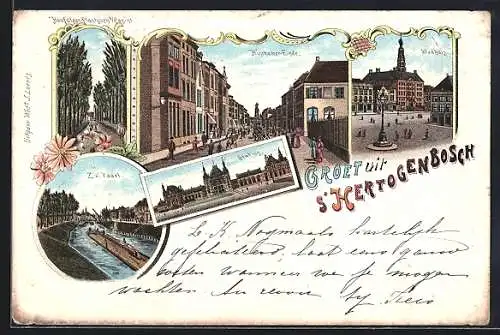 Lithographie s`Hertogenbosch, Z. W. Vaart, Station, Hinthamer-Einde, Stadhuis, Hoofdlaan-Plantsoen b/Casino