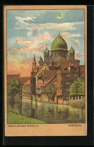 Künstler-AK Nürnberg, Partie an der Pegnitz mit Blick zur Synagoge