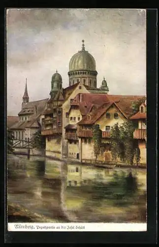 Künstler-AK Nürnberg, Pegnitzpartie an der Insel Schütt mit Synagoge