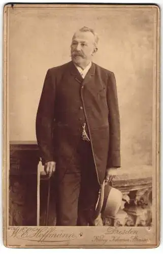 Fotografie W.C. Hoffmann, Dresden, König Johann Strasse, Portrait eines Herrn mit Hut und Spazierstock