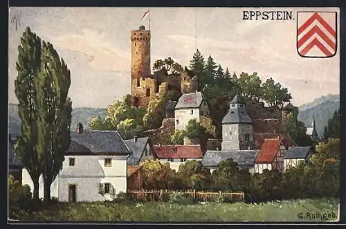 Künstler-AK Eppstein, Burgruine mit Turm und Wappen