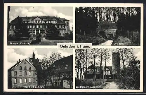 AK Gehrden / Han., Rittergut Franzburg, Lyra-Bank, Markt mit. Ev. Kirche, Landheim mit Aussichtsturm