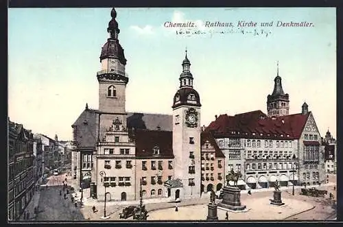 AK Chemnitz, Rathaus, Kirche und Denkmäler