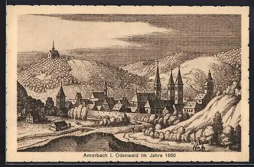 AK Amorbach i. Odenwald, Blick auf den Ort aus dem Jahre 1650