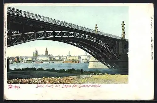 AK Mainz, Blick durch den Bogen der Strassenbrücke