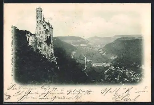 AK Lichtenstein / Echaztal, Burg auf Steilklippe und Ortsansicht