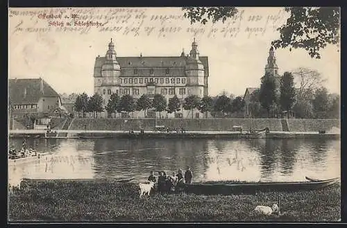 AK Offenbach a. M., Schloss und Schlosskirche hinter einem Fluss