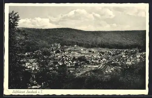 AK Lorsbach i. Ts., Ortsansicht aus der Vogelschau mit Bahnstrecke